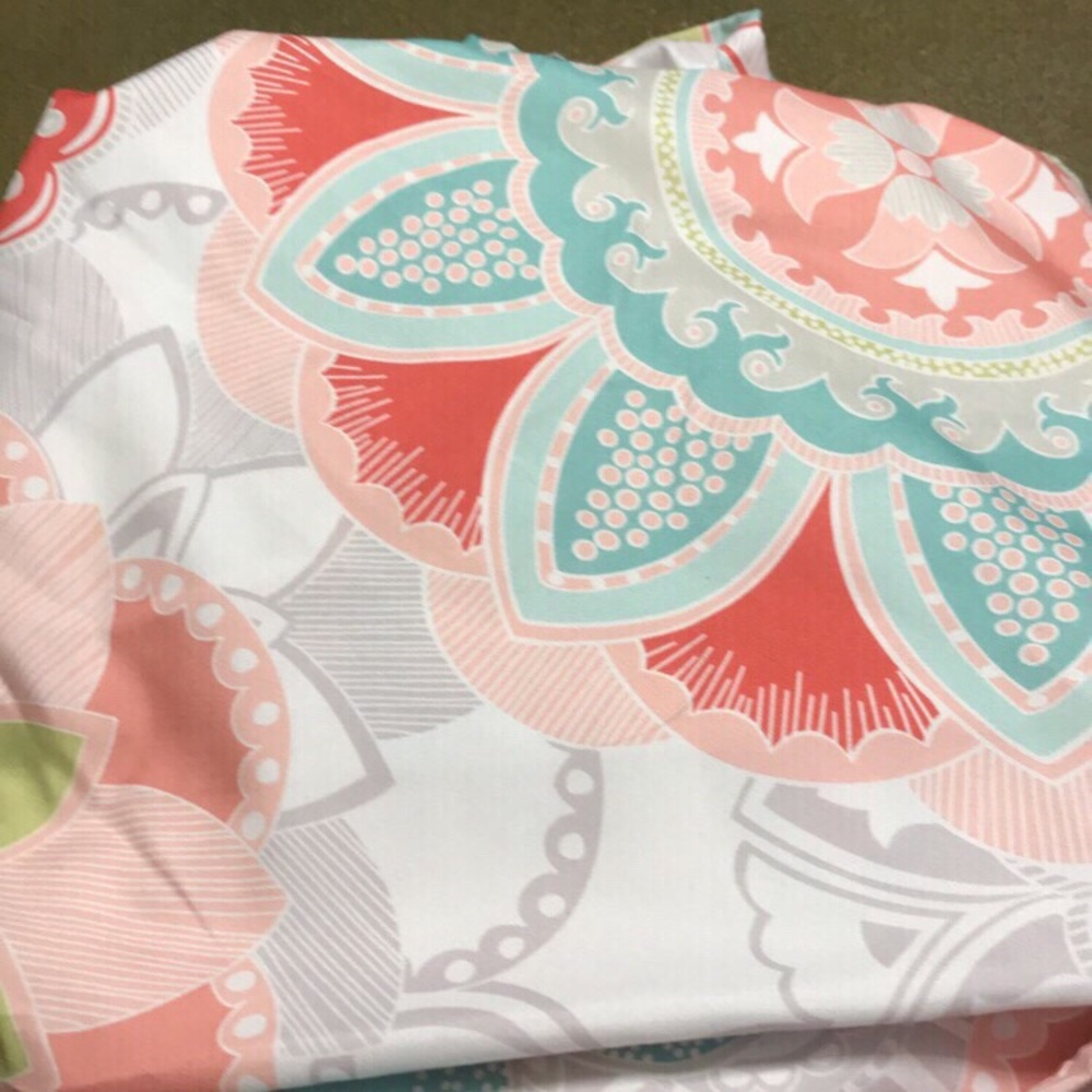 Teal, coral, and grey shower curtain